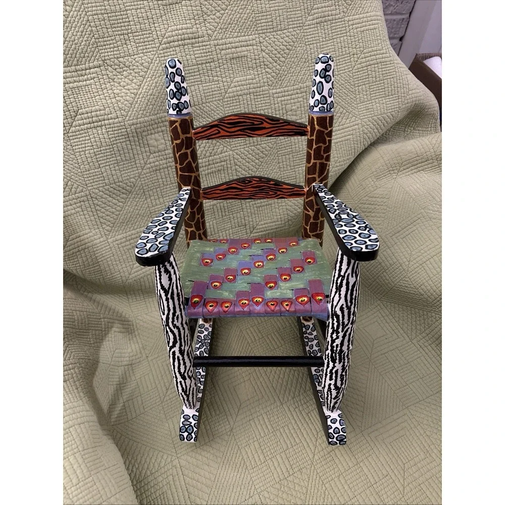 Hand Painted Folk Art Doll Rocking Chair Animal Print Miniature 16